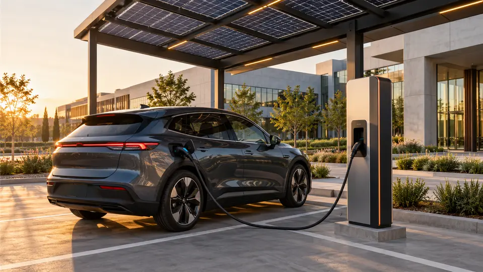 Imagen conceptual de un vehículo eléctrico conectado a una estación de recarga bajo una marquesina solar