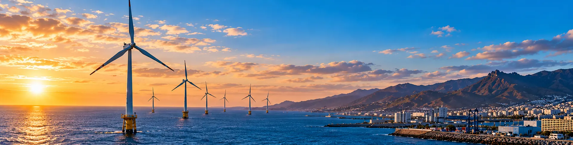 Paisaje costero con aerogeneradores marinos al atardecer