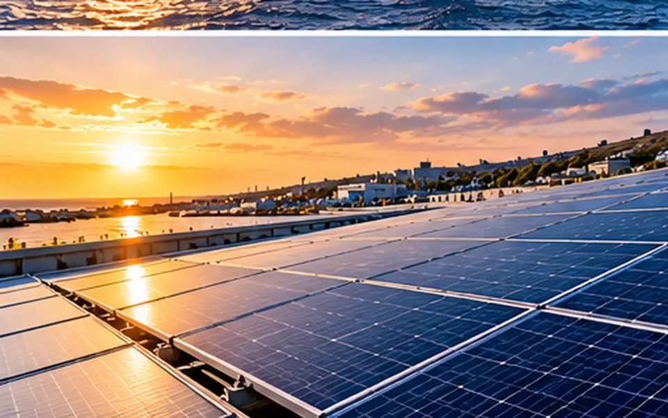 Paneles solares junto a la costa al atardecer